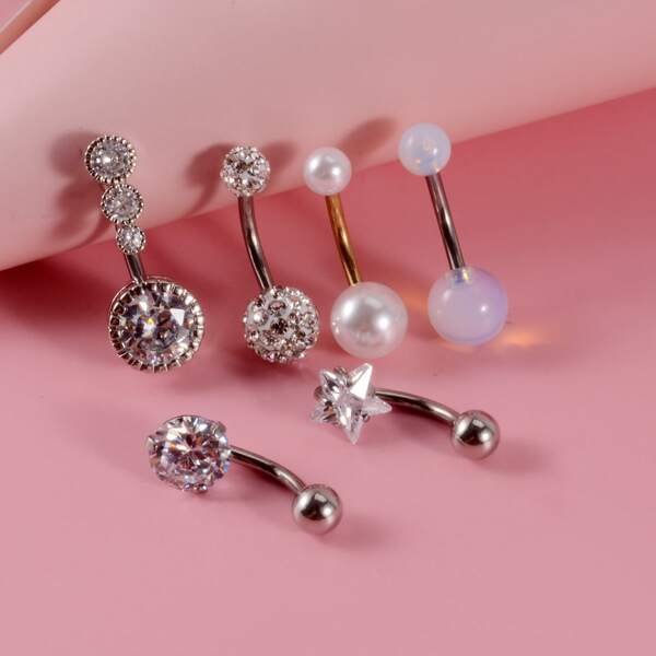 

6pcs Faux Pearl & Zircon Decor Navel Belly Ring, Multicolor