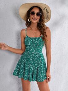 Soleia Ruched Bust Ditsy Floral Cami Romper - Green - View 1