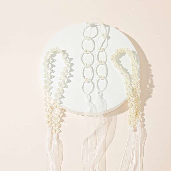 

3pcs Toddler Girls Faux Pearl Headband, Beige