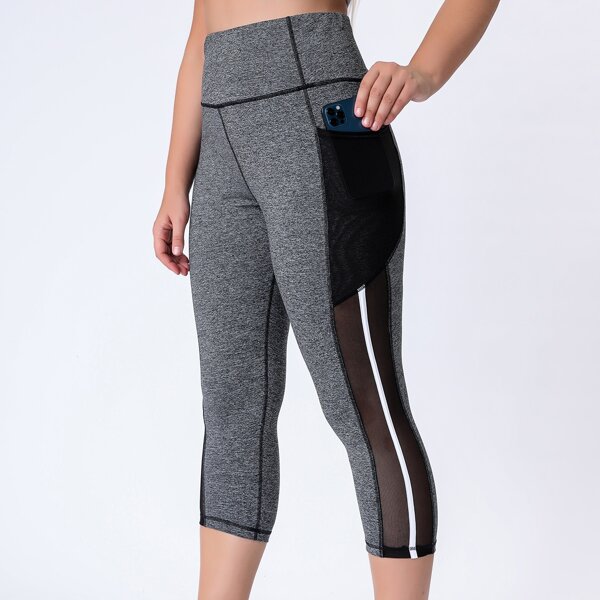 

Plus Contrast Mesh Capris Sports Leggings With Phone Pocket, Grey