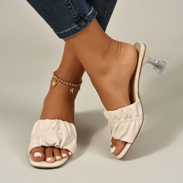 

Ruched Design Pyramid Heeled Sandal Mules, Beige
