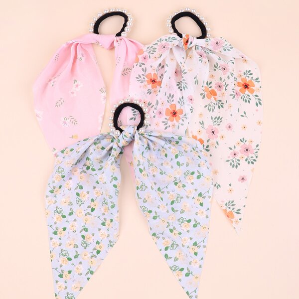 

3pcs Girls Floral Print Scarf Hair Tie, Multicolor
