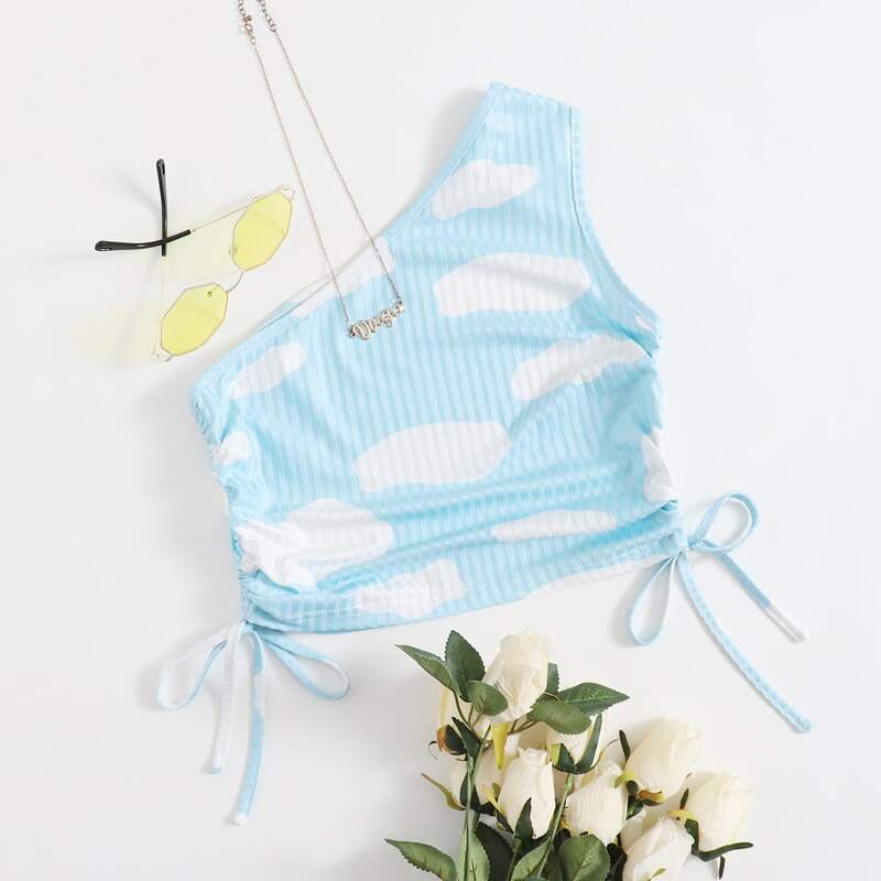 

Drawstring One Shoulder Top, Blue and white