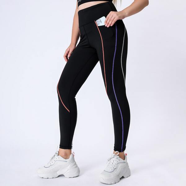 

Plus Contrast Topstitching Sports Leggings, Black