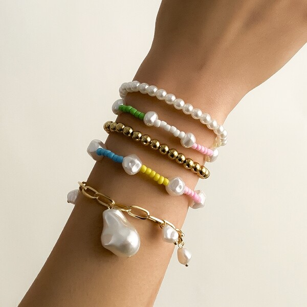 

5pcs Faux Pearl Decor Bracelet, Multicolor