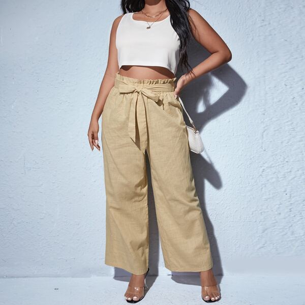 

Plus Crop Tank Top & Paperbag Waist Belted Pants, Multicolor