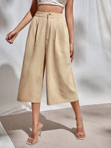 素色闊腿七分長褲 - 杏色 - 查看 1