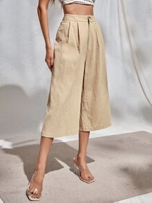 素色闊腿七分長褲 - 杏色 - 查看 3