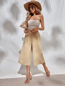 素色闊腿七分長褲 - 杏色 - 查看 4