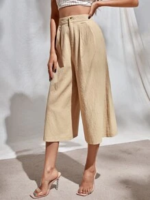 素色闊腿七分長褲 - 杏色 - 查看 5