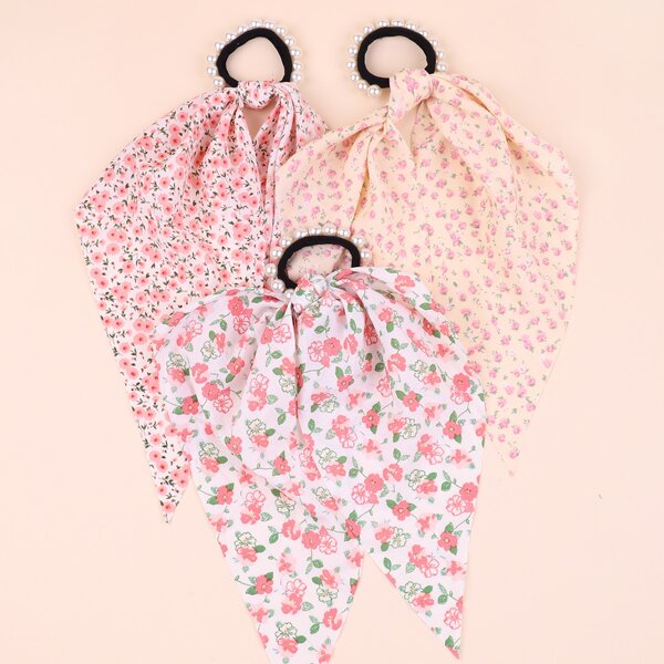 

3pcs Girls Floral Print Scarf Hair Tie, Multicolor