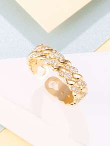 1 chiếc nhẫn hở mạ vàng 18K đính đá rhinestone, thiết kế xoắn, nhẫn đeo ngón tay bện bằng đá zirconia cao cấp có thể điều chỉnh, trang sức thời trang làm quà tặng cho phụ nữ. - Vàng - Xem 5