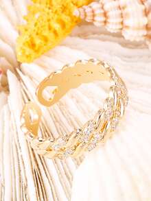 1 chiếc nhẫn hở mạ vàng 18K đính đá rhinestone, thiết kế xoắn, nhẫn đeo ngón tay bện bằng đá zirconia cao cấp có thể điều chỉnh, trang sức thời trang làm quà tặng cho phụ nữ. - Vàng - Xem 6