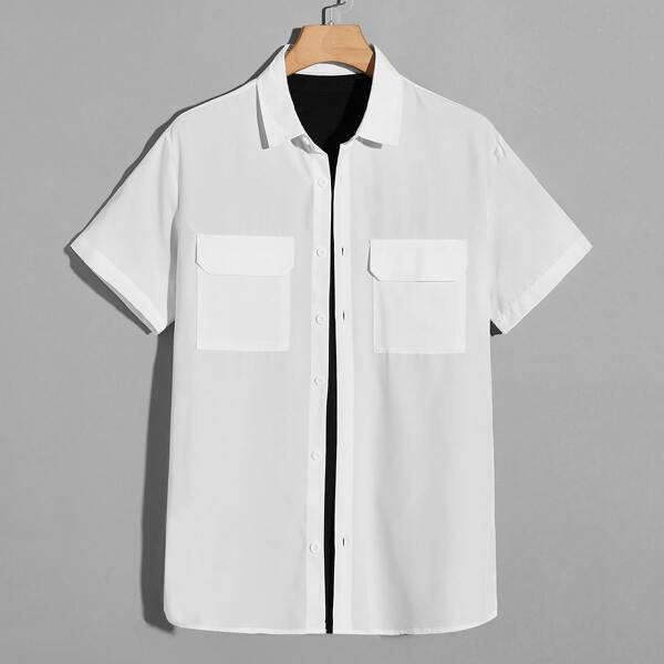 

Men Dual Pocket Button Up Shirt Without Tee, White