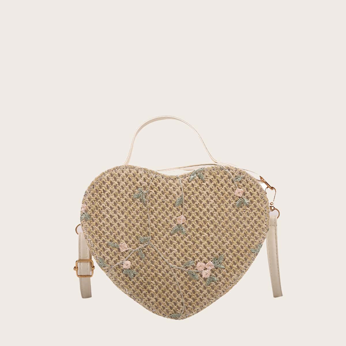 

Flower Decor Heart Design Woven Bag, Khaki