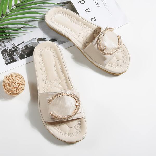

Rhinestone Decor Slide Sandals, Beige