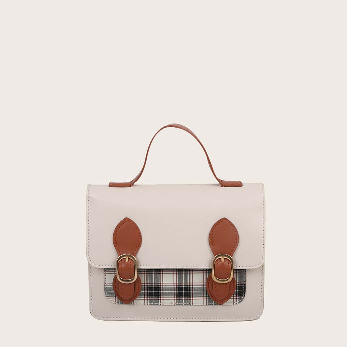 

Plaid Panel Buckle Decor Satchel Bag, Beige
