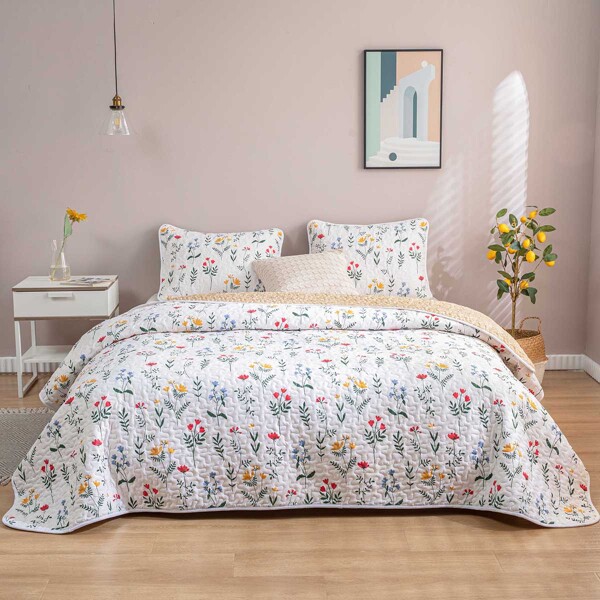 

Flower Print Quilt Set Without Filler, Multicolor