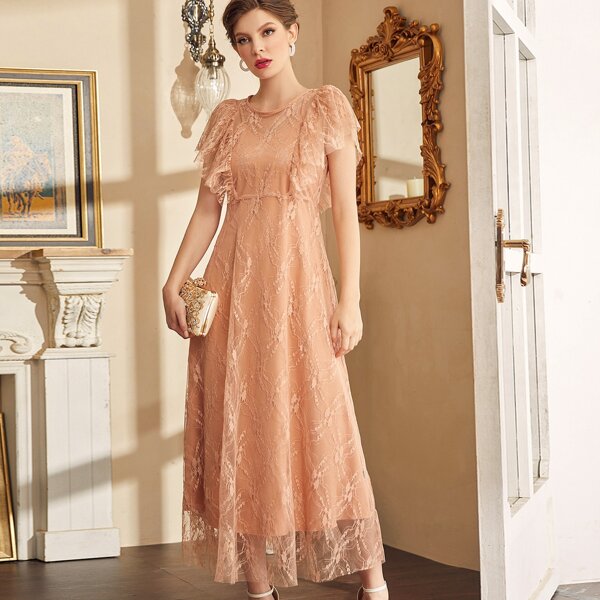 

Lace Ruffle Trim A-line Dress, Dusty pink