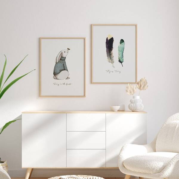 

2pcs Rabbit & Feather Print Unframed Painting, Multicolor