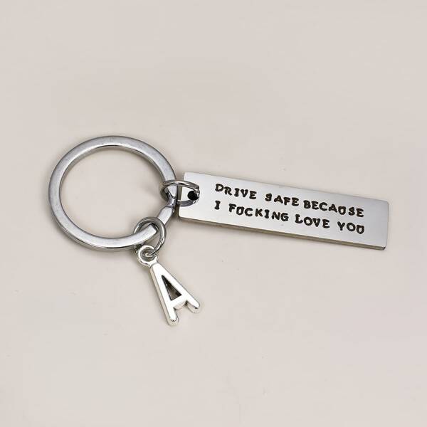 

Slogan Detail Geometric Charm Keychain, Silver