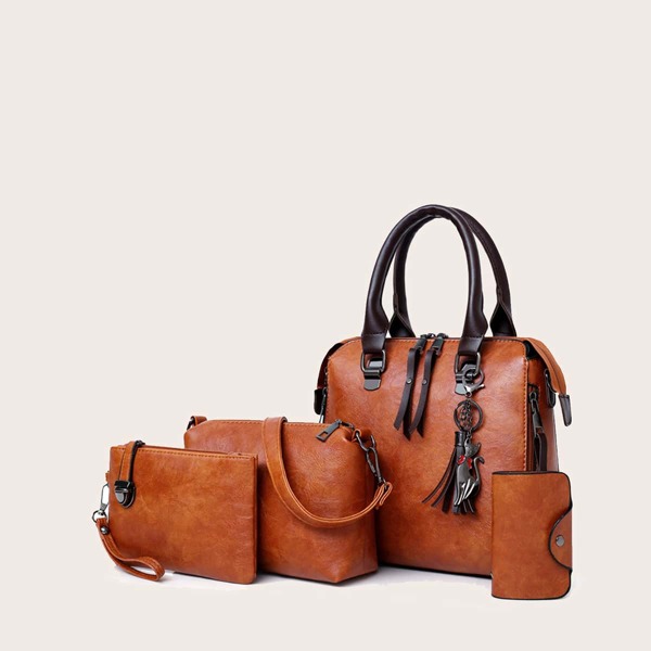 

4pcs Tassel Decor Satchel Bag Set, Brown