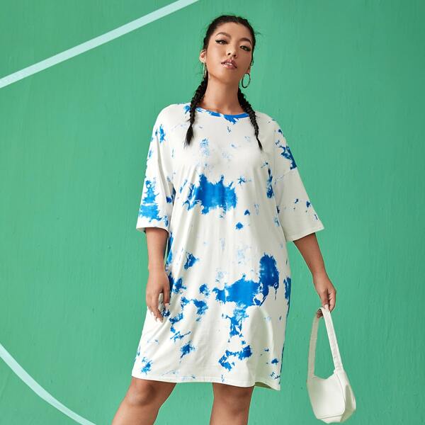 

Plus Tie Dye Drop Shoulder Tee Dress, Blue and white