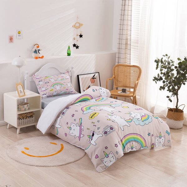 

Unicorn Print Kids Duvet Cover Set Without Filler, Multicolor