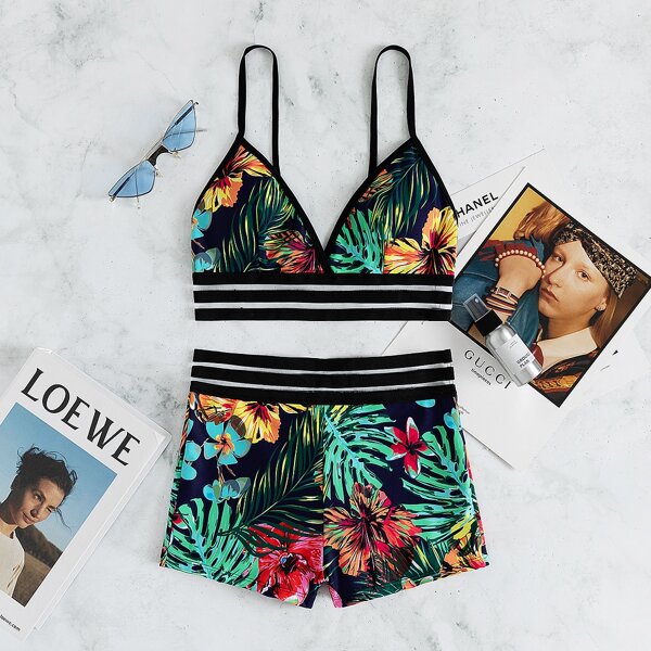 

Tropical Mesh Trim Shorts Bikini Swimsuit, Multicolor