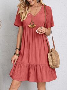 V-neck Solid Ruffle Hem Smock Dress - Redwood - View 1