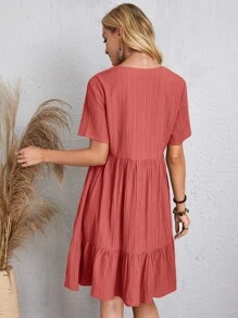 V-neck Solid Ruffle Hem Smock Dress - Redwood - View 2