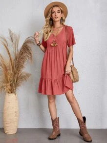 V-neck Solid Ruffle Hem Smock Dress - Redwood - View 3