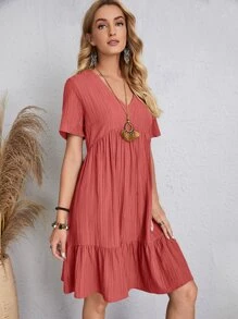 V-neck Solid Ruffle Hem Smock Dress - Redwood - View 4