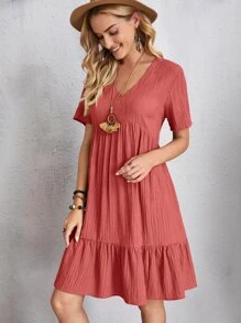 V-neck Solid Ruffle Hem Smock Dress - Redwood - View 5