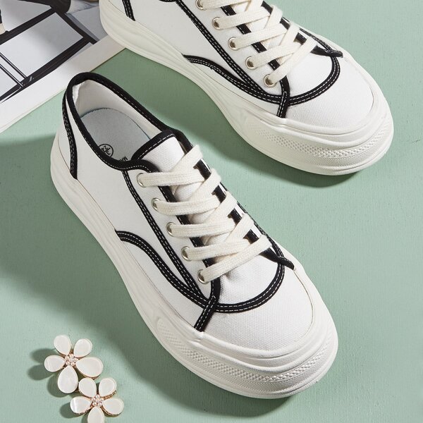

Contrast Binding Lace-up Front Canvas Shoes, White
