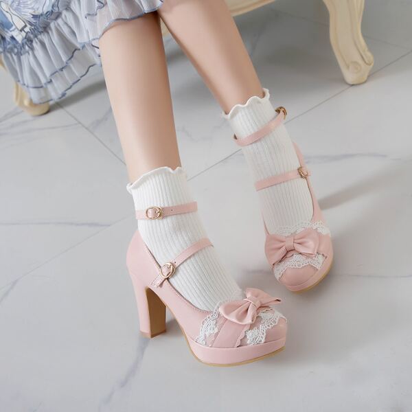 

Bow & Lace Decor Platform Chunky Pumps, Pink