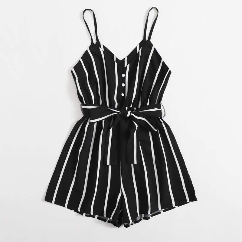 

Striped Button Belted Cami Romper, Black and white