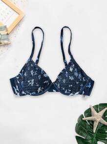 SHEIN Swim Summer Beach Floral Smocked Underwire Bikini Top - Navy Blue - View 6