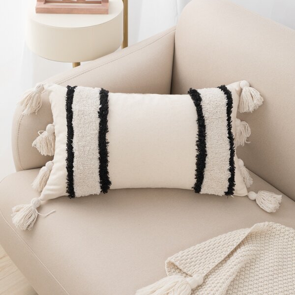 

Tassel Decor Lumbar Pillowcase Without Filler, Black and white
