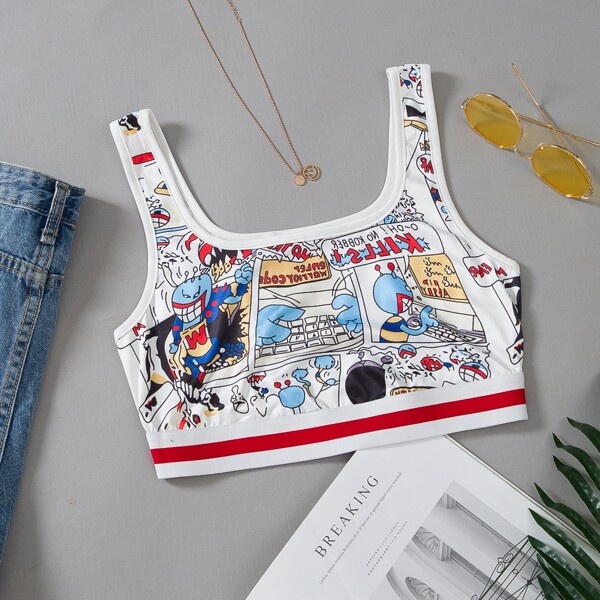 

Plus Cartoon And Letter Graphic Tank Top, Multicolor