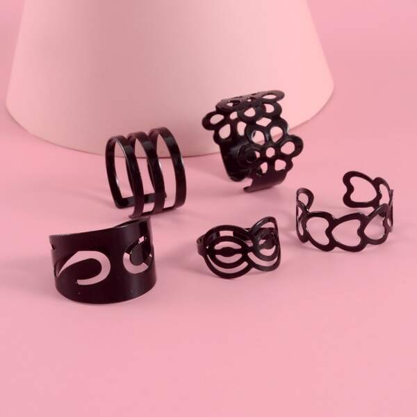 

5pcs Hollow Out Metal Ring, Black