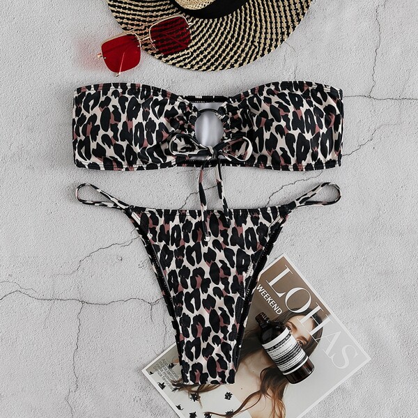 

Leopard Bandeau Thong Bikini Swimsuit, Multicolor