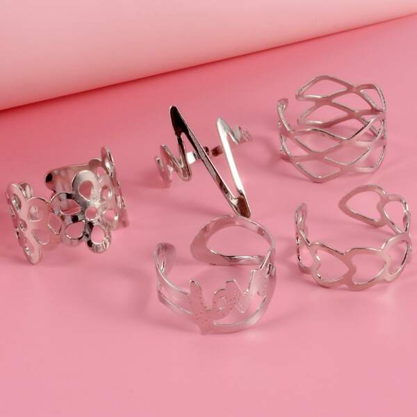 

5pcs Hollow Out Metal Ring, Silver