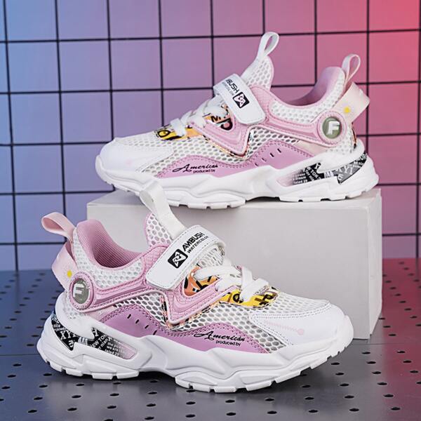 

Girls Letter Graphic Velcro Strap Mesh Panel Sneakers, Pink