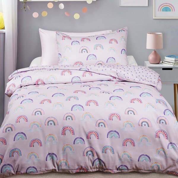 

Rainbow Print Kids Duvet Cover Set Without Filler, Baby pink