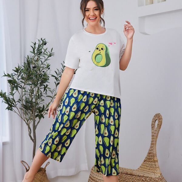 

Plus Cartoon Graphic Pajama Set, Multicolor