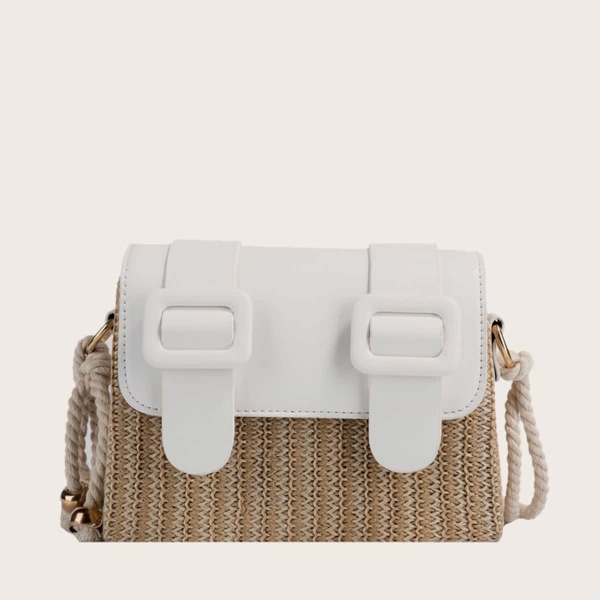 

Straw Panel Flap Crossbody Bag, White