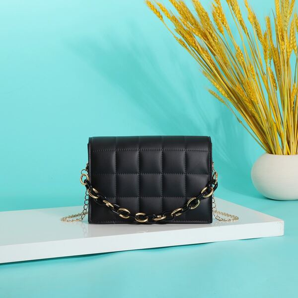 

Chain Decor Quilted Crossbody Bag, Black