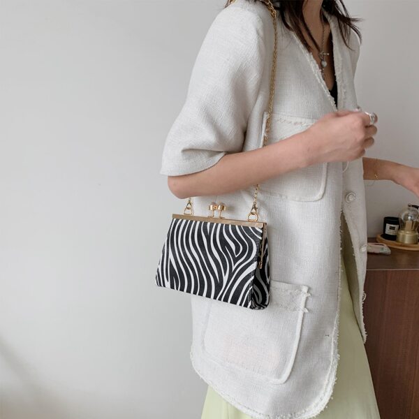 

Zebra Striped Kiss Lock Chain Bag, Black and white