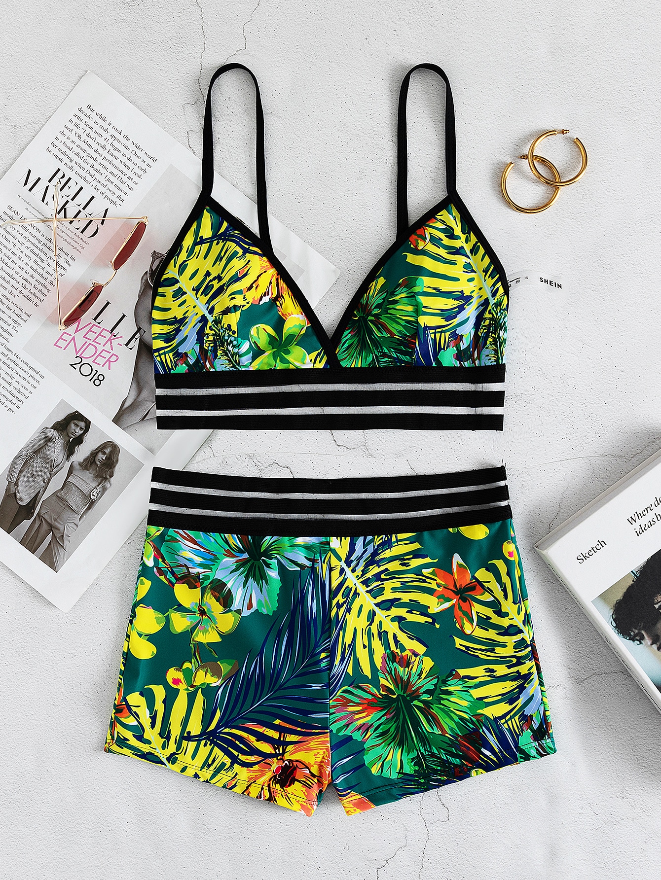 Tropical Mesh Trim Shorts Bikini 